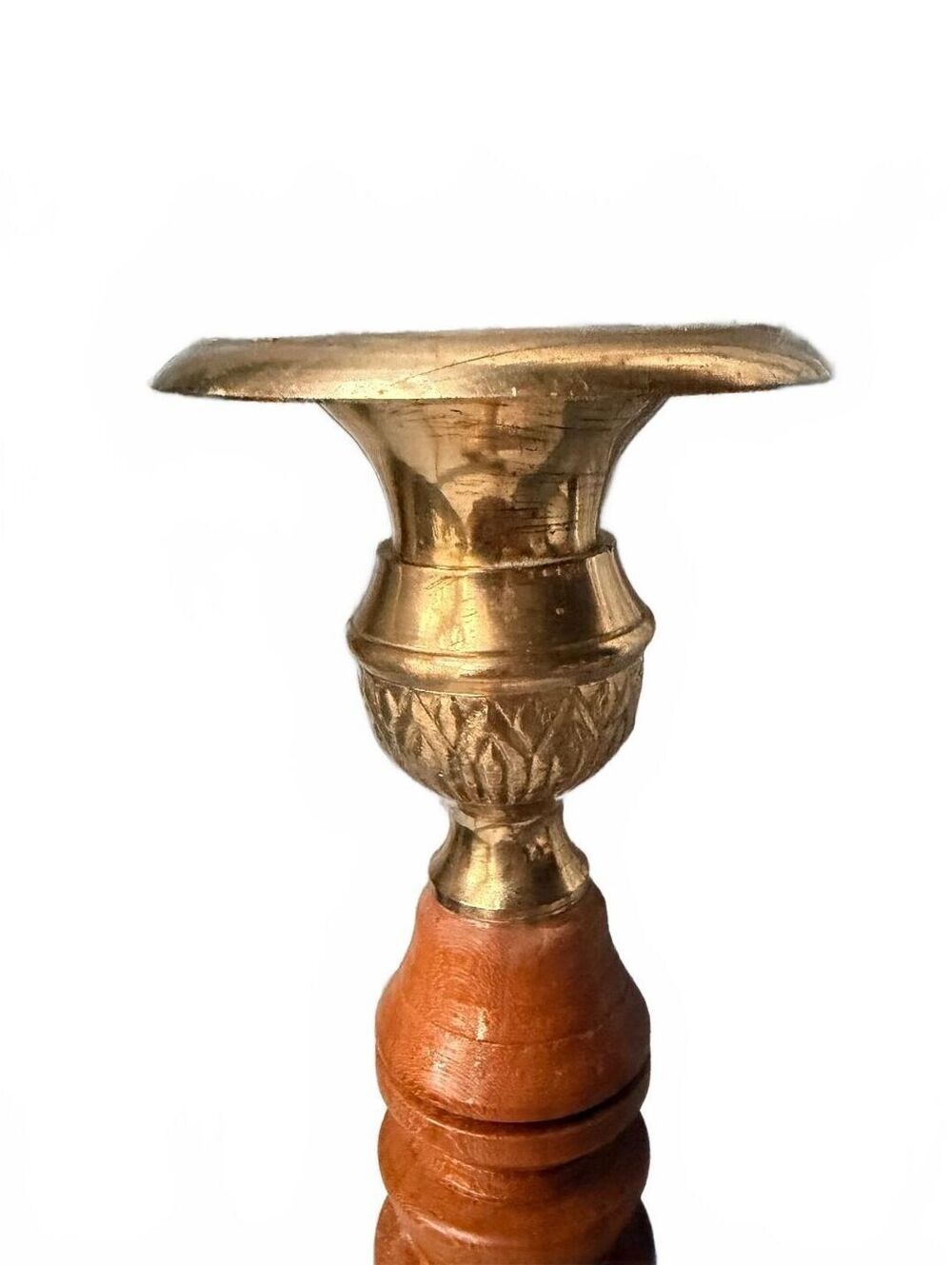 Vintage Turned Wood Brass Candlestick Holder Scandinavian Mid Century Decor - Picture 4 of 6